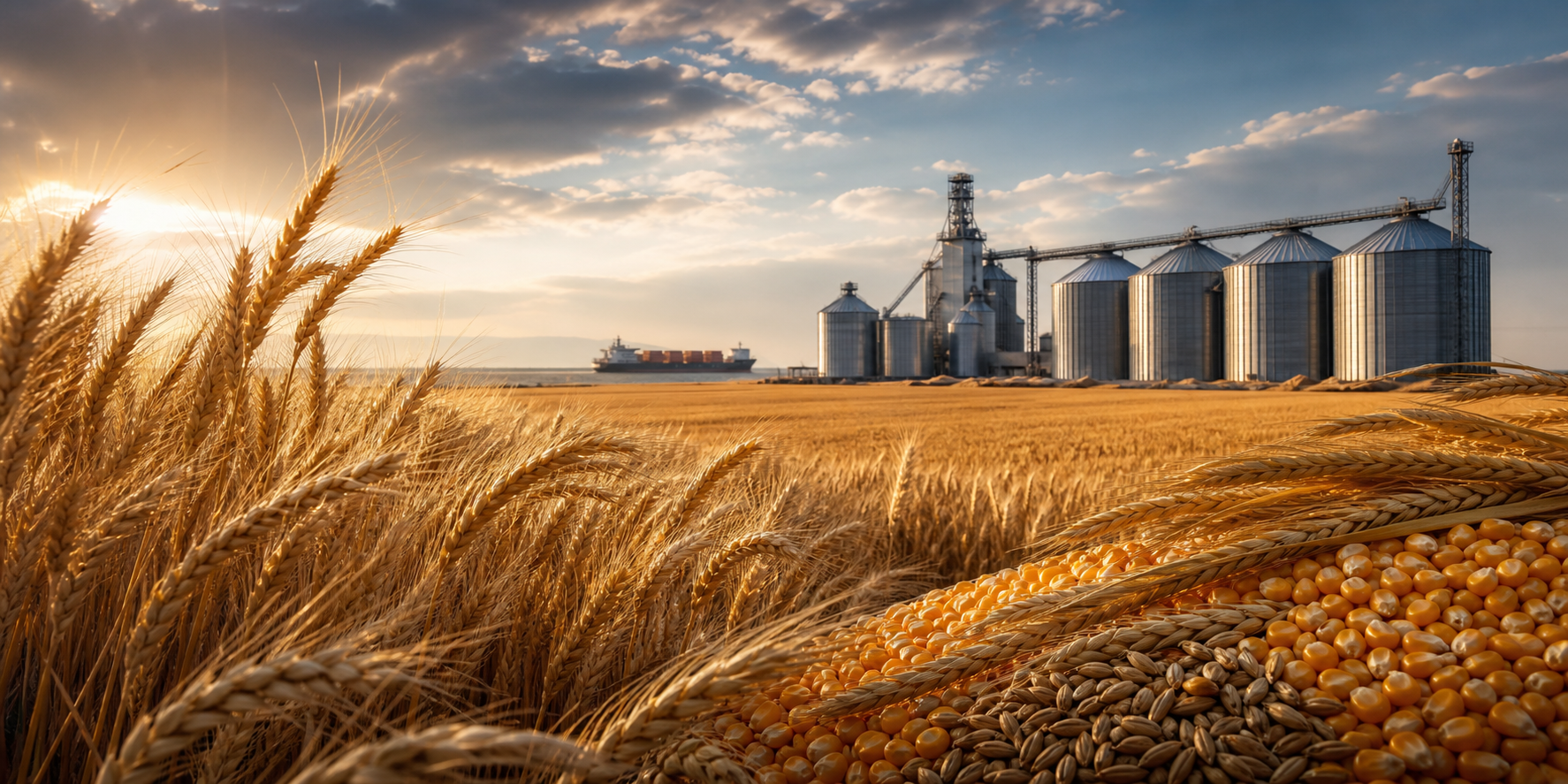 Wheat field with grain silos and cargo ship